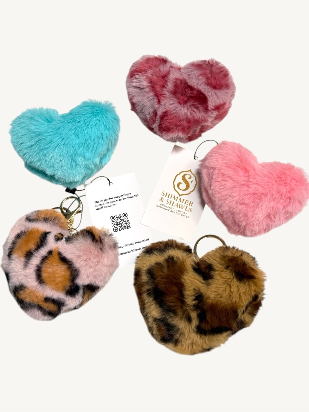✨VIP✨ Heart Faux Fur Pom Pom Keychain Bag Charm W/ Velvet Dusty Leopard Charm